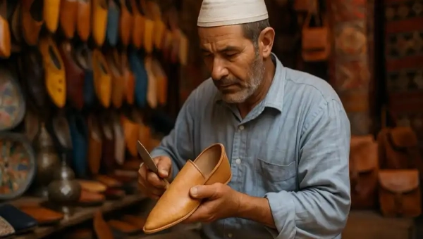 Marokkanischer Handwerker beim Anfertigen traditioneller Leder-Babouches in einem Souk – Symbolbild zur marokkanischen Handwerkskunst.